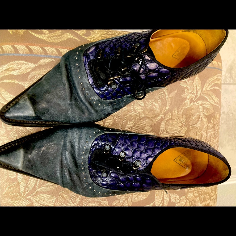 John Fluevog dark gray and purple chrome heel leather Men’s size 11 medium.